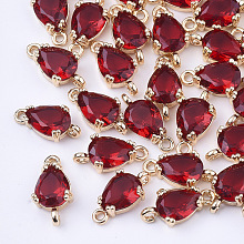 Honeyhandy Transparent Glass Links connectors, with Brass Findings, Faceted, Teardrop, Light Gold, Red, 13x7x3.5mm, Hole: 1.2mm