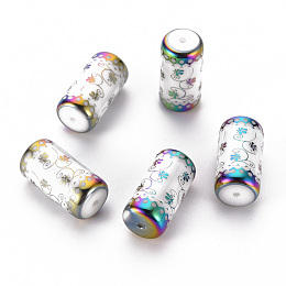 Honeyhandy Electroplate Glass Beads, Column with Flower Pattern, Colorful, 20x10mm, Hole: 1.2mm, 50pcs/bag