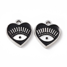 Honeyhandy Alloy Enamel Pendants, Platinum, Heart with Eye Charm, Black, 14.5x13x1.5mm, Hole: 1.6mm