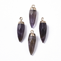 Honeyhandy Top Golden Plated Natural Amethyst Pointed Pendants, with Iron Loops, Faceted, Bullet, 25~26x7~8mm, Hole: 1.8mm