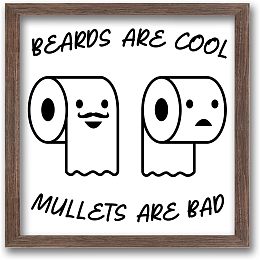 FINGERINSPIRE Beards are Cool Mullets are Bad Wood Sign with Acrylic Layer 7x7 Inch Rustic Humor Toilet Paper Bathroom Signs Funny Wooden Sign Hanging Frame Sign for Home Washroom Bathroom Decor