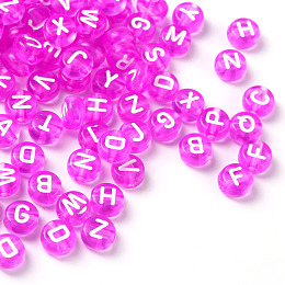 Honeyhandy Transparent Dark Orchid Acrylic Beads, Horizontal Hole, Mixed Letters, Flat Round with White Letter, 7x4mm, Hole: 1.5mm, 100pcs/Bag