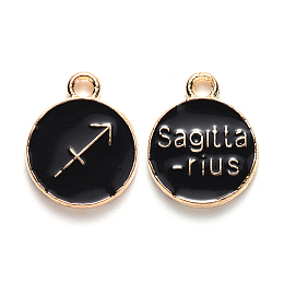 Honeyhandy Alloy Enamel Pendants, Cadmium Free & Lead Free, Flat Round with Constellation, Light Gold, Black, Sagittarius, 15x12x2mm, Hole: 1.5mm