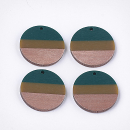 Honeyhandy Tri-color Resin & Walnut Wood Pendants, Flat Round, Teal, 28x3.5mm, Hole: 2mm