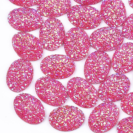 Electroplate Druzy Resin Cabochons, Oval, Deep Pink, 17.5x13x4.5mm