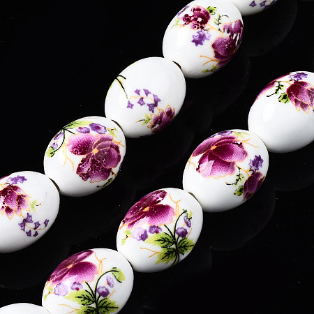 Honeyhandy Handmade Porcelain Ceramic Beads Strands, Flower Printed, Oval, Old Rose, 17x13mm, Hole: 2.5mm, about 18pcs/strand, 12 inches(30.5cm)