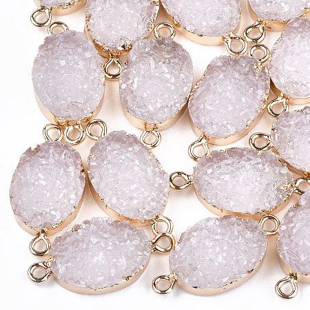 ARRICRAFT Electroplate Druzy Resin Links Connectors, with Iron Findings, Oval, Light Gold, Lavender Blush, 26~27x13x5~6mm, Hole: 1mm