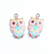 Honeyhandy Alloy Enamel Pendants, Owl, Platinum, Colorful, 23.5x13x2mm, Hole: 1.6mm, 2pcs/bag