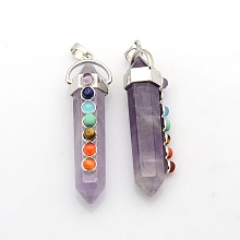 Honeyhandy Yoga Chakra Jewelry Platinum Plated Brass Gemstone Double Terminated Pointed Big Pendants, Amethyst, 58x17x16mm, Hole: 7x6mm