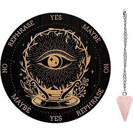 AHANDMAKER 7.8" Witch Pendulum Board, Crystal Ball Eye Wooden Dowsing Planchette with Rose Quartz Crystal Dowsing Pendulums Witchcraft Divination Tools for Spirit Altar Decoration