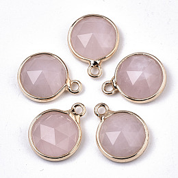 Honeyhandy Natural Rose Quartz Charms, with Light Gold Plated Brass Edge and Loop, Half Round/Dome, Faceted, 14x11x5mm, Hole: 1.5mm