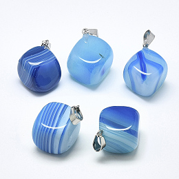 Honeyhandy Natural Banded Agate/Striped Agate Pendants, Dyed, with Stainless Steel Snap On Bails, Cube, Stainless Steel Color, Sky Blue, 24~29x19~25x17~25mm, Hole: 3~4x7~8.5mm