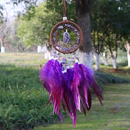 Honeyhandy Natural Amethyst Chips Woven Net/Web with Feather Pendant Decoration, Iron Ring Hanging Ornament, 400x70mm