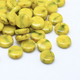 Honeyhandy Drawbench Acrylic Beads, Spray Painted, Flat Round, Yellow, 9x3.5mm, Hole: 1mm