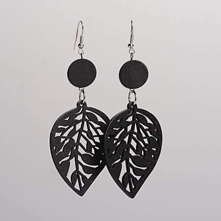 Honeyhandy Trendy Leaf Wood Dangle Earrings, with Platinum Plated Iron Earring Hooks, Black, 90x34mm, Pin: 0.8mm