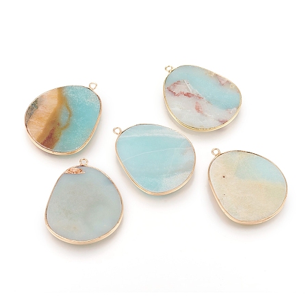 Honeyhandy Natural Flower Amazonite Pendants, with Brass Findings, Golden, 33.5~34x27x2mm, Hole: 1.5mm