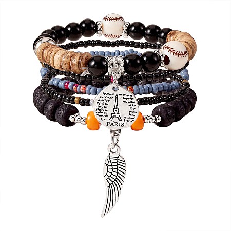 Arricraft 5Pcs 5 Style Wood & Glass Seed & Acrylic Beaded Stretch Bracelets Set with Baseball, Bohemian Stackable Bracelets with Alloy Wings & Pairs Charm for Women, Black, 7-1/8 inch(18cm), 1Pc/style