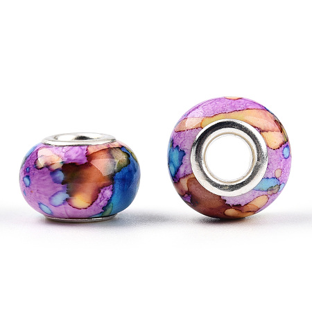 Honeyhandy Opaque Resin European Beads, Imitation Crystal, Two-Tone Large Hole Beads, with Silver Tone Brass Double Cores, Rondelle, Medium Orchid, 14x9.5mm, Hole: 5mm