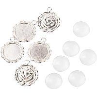 PH PandaHall 20 Sets Pendant Cabochon Sets Flower Shaped Silver Alloy Pendant Cabochon Settings with Half Round/Dome Clear Glass Cabochons for DIY Pendants Jewelry Making