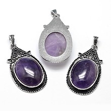 Honeyhandy Zinc Alloy Natural Amethyst Big Pendants, Nickel Free & Lead Free, Oval, Antique Silver, 53.5x30x10mm, Hole: 4.5x8.5mm