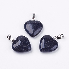 Honeyhandy Synthetic Blue Goldstone Pendants, Heart, with Brass Findings, Platinum, 22~23x20~20.5x6~7.5mm, Hole: 5x8mm