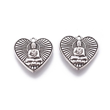 Honeyhandy Tibetan Style Alloy Pendants, Cadmium Free & Nickel Free & Lead Free, Heart with Buddha, Antique Silver, 23x25x3mm, Hole: 2mm