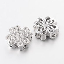 Honeyhandy Brass Micro Pave Cubic Zirconia Beads, Clover, Lead Free & Nickel Free, Platinum, 10x10x4mm, Hole: 1mm