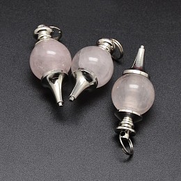 Honeyhandy Platinum Tone Zinc Alloy Natural Rose Quartz Pendants, Lead Free & Nickel Free, 41~43x18mm, Hole: 5.5mm