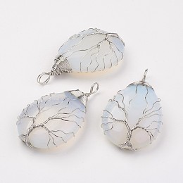 Honeyhandy Opalite Big Pendants, teardrop, Brass Wire Wrapped Pendants, Platinum, 50~55x31x11mm, Hole: 5mm