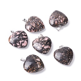 Honeyhandy Natural Rhodonite Pendants, with Platinum Tone Brass Findings, Heart, 33x24.5~26x6~8.5mm, Hole: 2.4x5.6mm