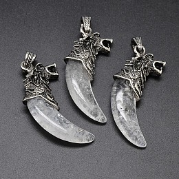 Honeyhandy Antique Silver Zinc Alloy Natural Crystal Big Pendants, Tusk Shape with Wolf, Lead Free & Nickel Free, 53~57x23x10mm, Hole: 4.5x8mm