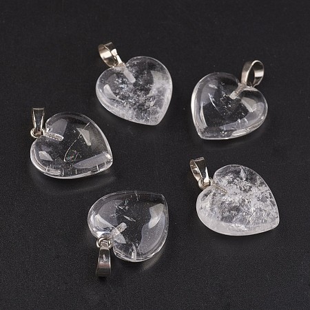 Honeyhandy Natural Quartz Crystal Pendants, Heart, with Brass Findings, Platinum, 22~23x20~20.5x6~7.5mm, Hole: 5x8mm