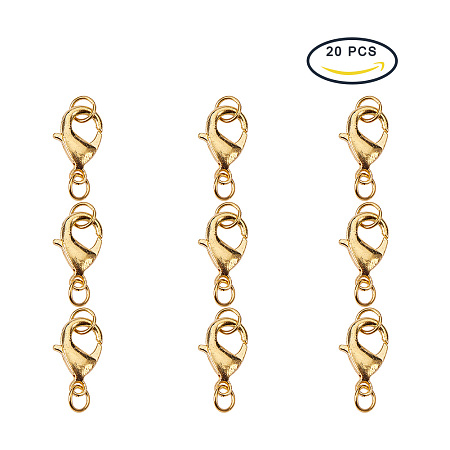 PandaHall Elite Golden Size 15x9mm Brass Lobster Claw Clasps with Rings for Jewelry Making Findings Lead Free & Nickel Free, about 20pcs/bag