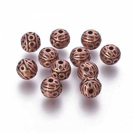 Honeyhandy Tibetan Style Zinc Alloy Beads, Textured Round, Cadmium Free & Nickel Free & Lead Free, Red Copper, 8mm, Hole: 1mm
