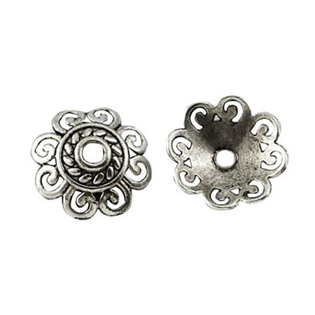 NBEADS 1000pcs Tibetan Style Bead Caps, Lead Free & Nickel Free, Flower, Antique Silver, 12x12x4mm, Hole: 1.5mm