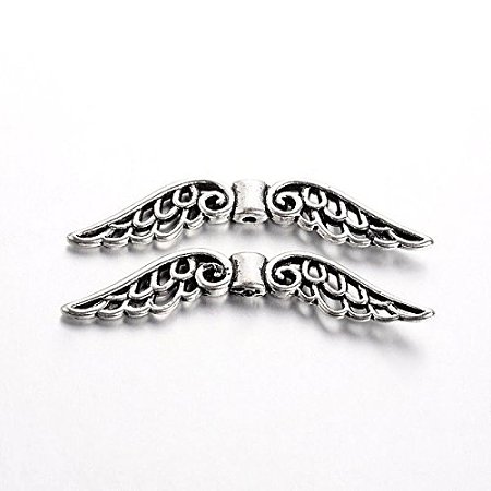 NBEADS 1000g Tibetan Style Alloy Beads, Wing, Antique Silver, Lead Free, Nickel Free and Cadmium Free, 51x14x4mm, Hole: 2mm; about 370pcs/1000g
