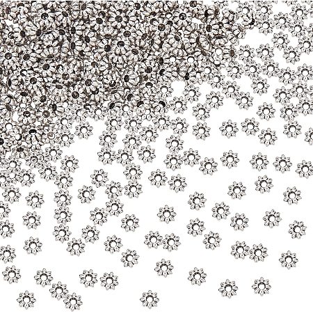 PandaHall Elite 600pcs Flower Spacer Beads, Floral Loose Beads Daisy Metal Spacers 5.5x2mm Large Hole Metal Beads Antique Silver Petal Beads for Earring Bracelet Necklace Jewelry Making, Hole: 1.8mm