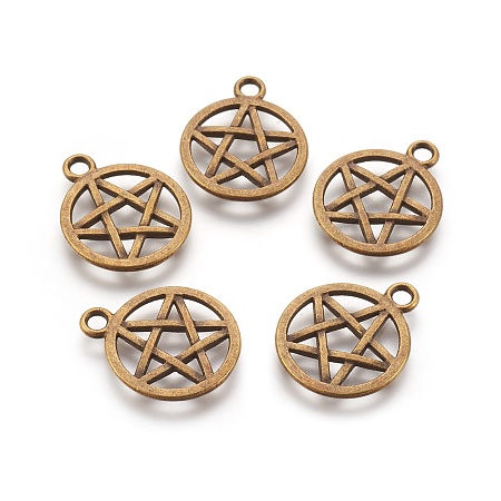 Honeyhandy Tibetan Style Alloy Flat Round with Star Charms, Wicca Charms, Pentacle, Lead Free & Nickel Free, Antique Bronze, 20.5x16.9x1.7mm, Hole: 2.2mm