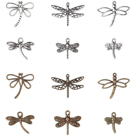 PandaHall Elite 48pcs Dragonfly Charms, 6 Style Antique Bronze Silver Insects Pendant Connector for DIY Necklace Bracelet Jewelry Making