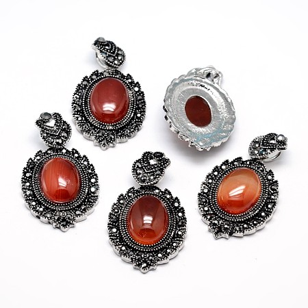 Honeyhandy Natural Carnelian Gothic Pendants, with Antique Silver Plated Zinc Alloy Rhinestone Findings, Oval, Lead Free & Nickel Free, Total Length: 47~48.5mm, Hole: 5x7mm, Oval Pendant: 39~40x27~27.5x7.5~9mm