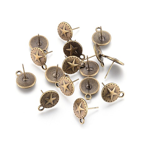 ARRICRAFT Tibetan Style Stud Earring Findings, with Loop, Lead Free & Nickel Free, Flat Round, Antique Bronze, 15x12mm, Pin: 1mm, Hole: 2mm