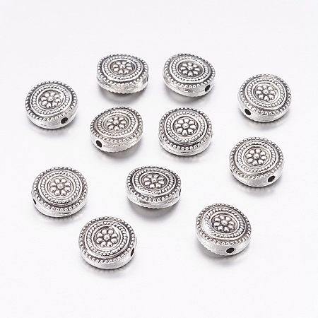 Honeyhandy Tibetan Style Alloy Flat Round with Flower Beads, Cadmium Free & Nickel Free & Lead Free, Antique Silver, 11.5x4.5mm, Hole: 1.5mm