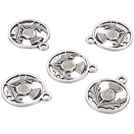 Arricraft 50pcs Tibetan Style Alloy Pendants Flat Round with Flower Scotland Thistle Charms Antique Silver Necklace Pendants for Women Men Jewelry Making Crafting