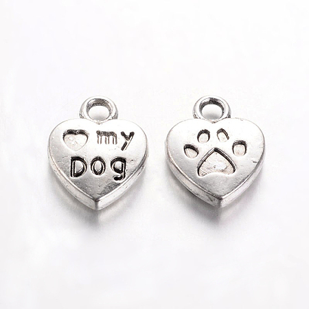 Honeyhandy Tibetan Style Charms Pendants, Lead Free & Nickel Free, Heart with word Love My Dog, Antique Silver, 13x10x3mm, Hole: 2mm