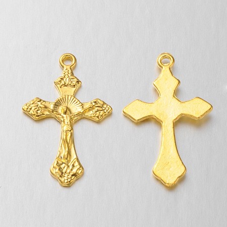 Honeyhandy Tibetan Style Alloy Pendants, For Easter, Lead Free & Cadmium Free & Nickel Free, Crucifix Cross Pendant, Golden, Size: about 33.5mm long, 20.5mm wide, 2.5mm thick, hole: 2mm