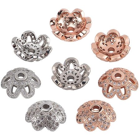 NBEADS 2 Styles 2 Colors Flower Beads Cap, 8 Pcs Brass Cubic Zirconia Jewellery End Charm for DIY Crafts Making