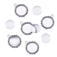 PandaHall Elite 20 Sets Tibetan Styles Alloy Pendant Trays Round Bezel with 14mm Glass Cabochon Round Clear Dome Tiles for Crafting DIY Jewelry Making Antique Silver