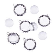 PandaHall Elite 20 Sets Tibetan Styles Alloy Pendant Trays Round Bezel with 14mm Glass Cabochon Round Clear Dome Tiles for Crafting DIY Jewelry Making Antique Silver