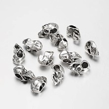 Honeyhandy Tibetan Style European Beads, Lead Free, Large Hole Beads, Skull for Halloween, Antique Silver, 17x9x10mm, Hole: 4mm