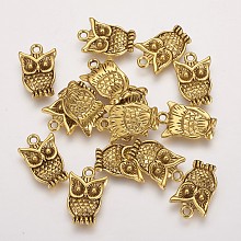 Honeyhandy Zinc Tibetan Style Alloy Pendants, Halloween, Cadmium Free & Lead Free, Owl, Antique Golden Color, about 16mm long, 10mm wide, 3mm thick, hole: 1.5mm